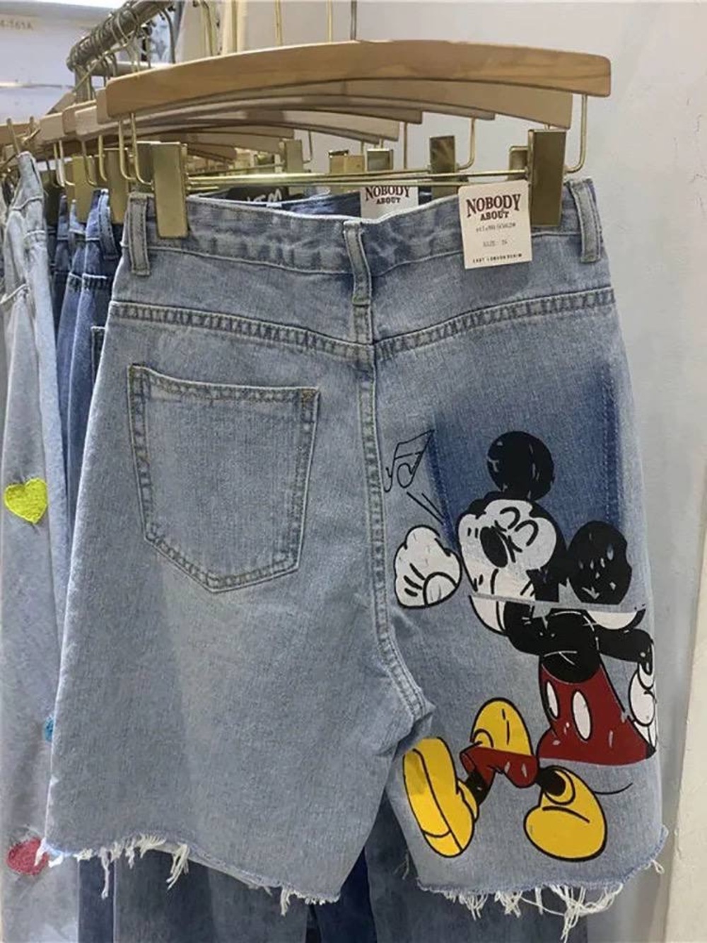 Light Blue Denim Shorts with Mickey Print